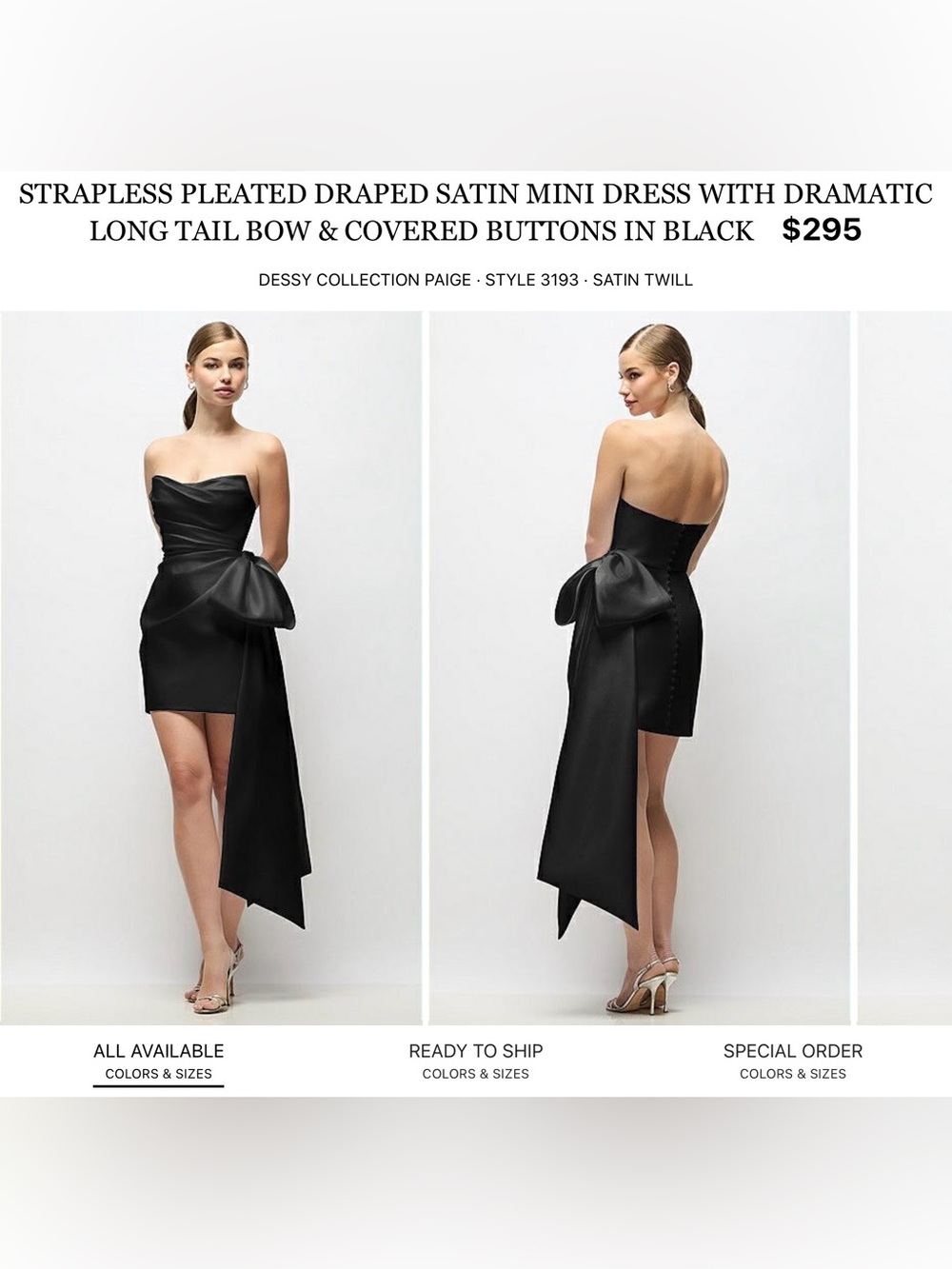 Dessy Collection Black Strapless Satin Mini Dress with Draped Bow Tail